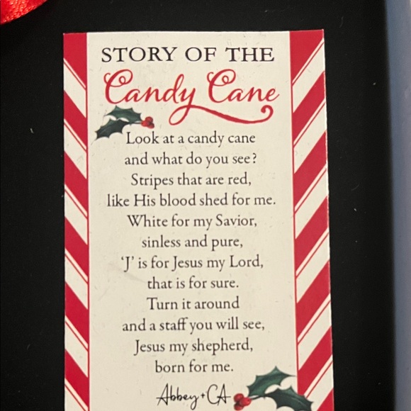 Candy Cane Ornament with Red Ribbon and Green Leaves - Picture 2 of 2